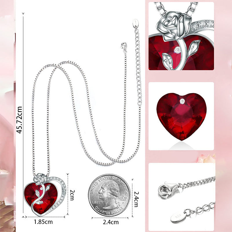 925 Sterling Silver Heart & Rose Pendant Necklace - Elegant Cubic Zirconia Collarbone Chain