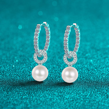 925 Sterling Silver Huggie Hoops - 1.1ct Moissanite & 8mm 5A Freshwater Pearls with PT950 Gold Plating