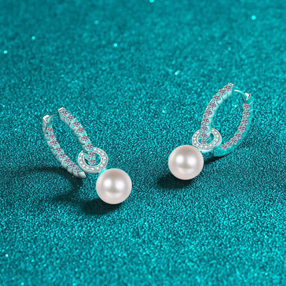 925 Sterling Silver Huggie Hoops - 1.1ct Moissanite & 8mm 5A Freshwater Pearls with PT950 Gold Plating