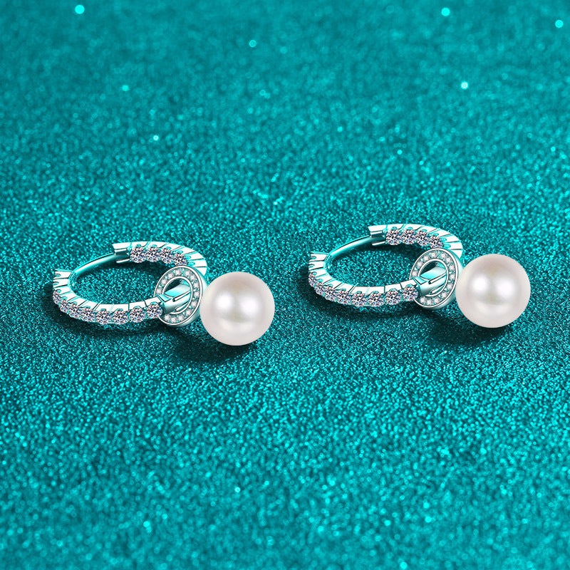 925 Sterling Silver Huggie Hoops - 1.1ct Moissanite & 8mm 5A Freshwater Pearls with PT950 Gold Plating