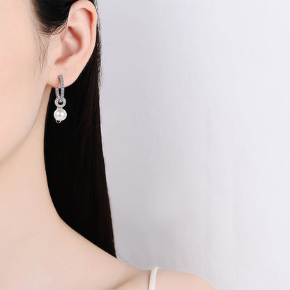 925 Sterling Silver Huggie Hoops - 1.1ct Moissanite & 8mm 5A Freshwater Pearls with PT950 Gold Plating