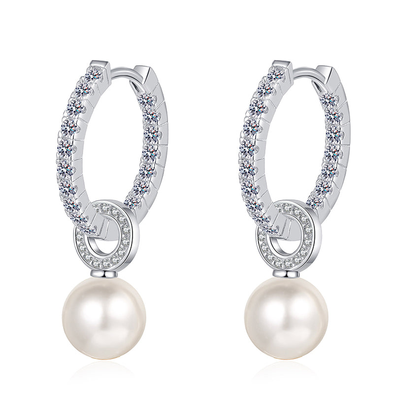 925 Sterling Silver Huggie Hoops - 1.1ct Moissanite & 8mm 5A Freshwater Pearls with PT950 Gold Plating