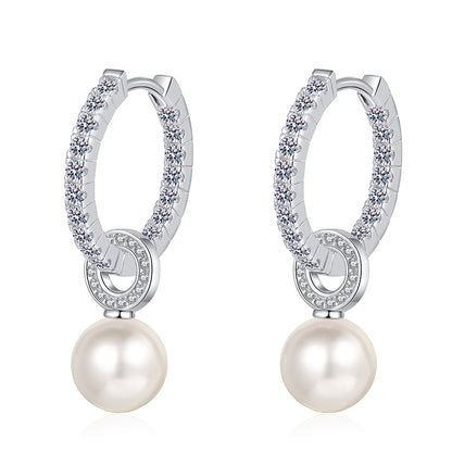 925 Sterling Silver Huggie Hoops - 1.1ct Moissanite & 8mm 5A Freshwater Pearls with PT950 Gold Plating