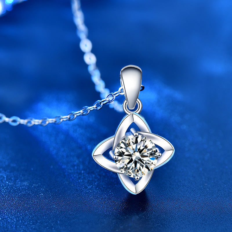925 Sterling Silver Leaf Pendant Necklace with 1ct Moissanite Cross Chain Women's White Gold Plated Office Jewelry