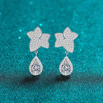 925 Sterling Silver Maple Leaf Teardrop Earrings with Moissanite – PT950 Gold Plated, Taurus Zodiac Inspired