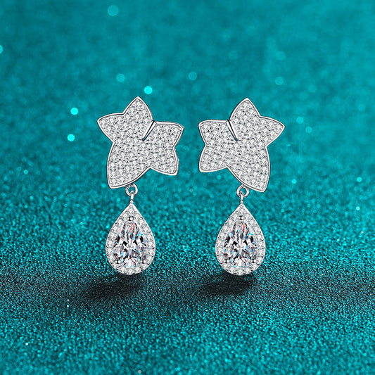 925 Sterling Silver Maple Leaf Teardrop Earrings with Moissanite – PT950 Gold Plated, Taurus Zodiac Inspired
