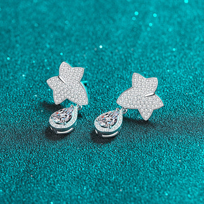 925 Sterling Silver Maple Leaf Teardrop Earrings with Moissanite – PT950 Gold Plated, Taurus Zodiac Inspired