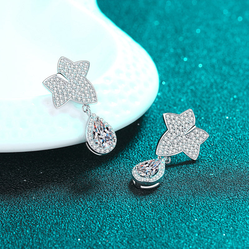 925 Sterling Silver Maple Leaf Teardrop Earrings with Moissanite – PT950 Gold Plated, Taurus Zodiac Inspired