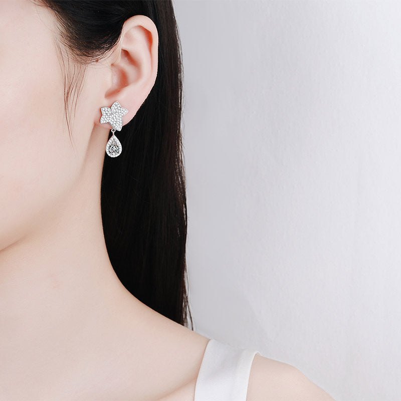 925 Sterling Silver Maple Leaf Teardrop Earrings with Moissanite – PT950 Gold Plated, Taurus Zodiac Inspired