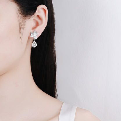 925 Sterling Silver Maple Leaf Teardrop Earrings with Moissanite – PT950 Gold Plated, Taurus Zodiac Inspired