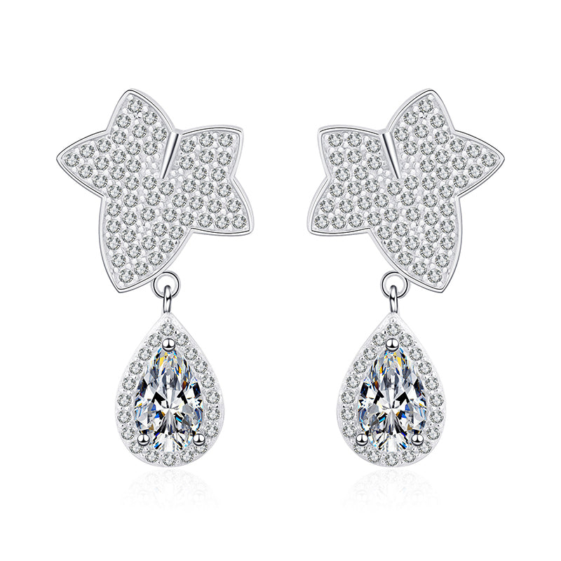 925 Sterling Silver Maple Leaf Teardrop Earrings with Moissanite – PT950 Gold Plated, Taurus Zodiac Inspired