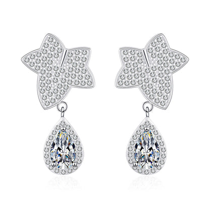 925 Sterling Silver Maple Leaf Teardrop Earrings with Moissanite – PT950 Gold Plated, Taurus Zodiac Inspired