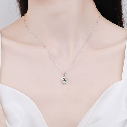 925 Sterling Silver Oval Halo Pendant Necklace - 1CT Moissanite PT950-Plated Dainty Chain