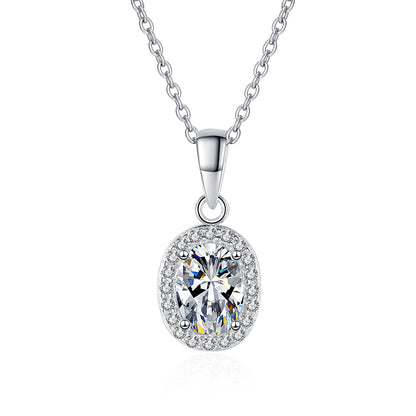 925 Sterling Silver Oval Halo Pendant Necklace - 1CT Moissanite PT950-Plated Dainty Chain