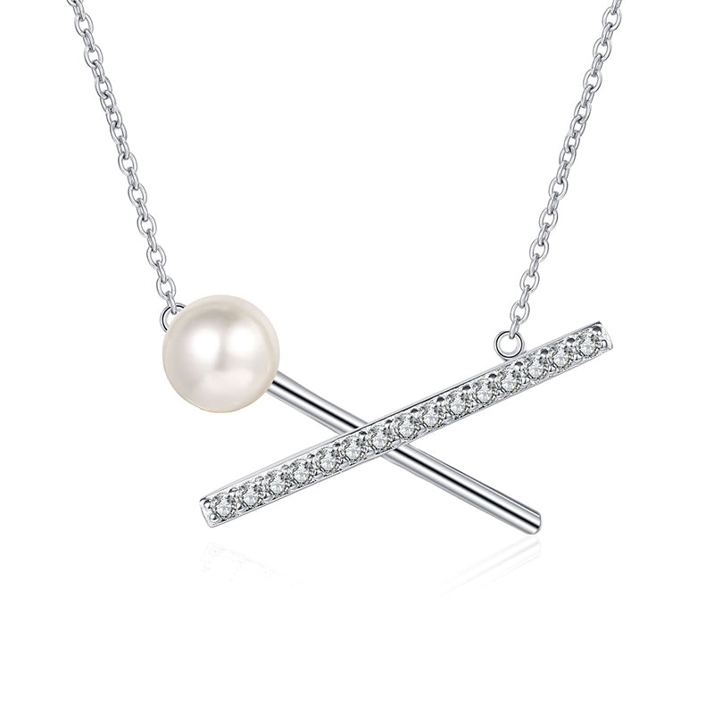 925 Sterling Silver PT950-Plated Cross Necklace - 37.5-Point Moissanite & 8-9mm Pearl Floral-Inspired Layered Choker