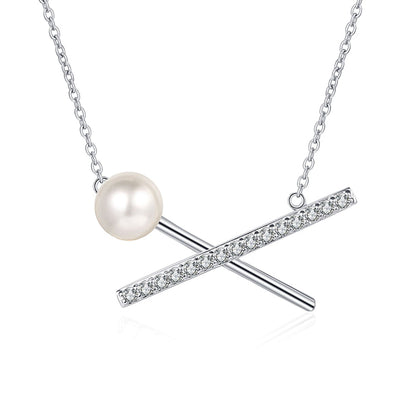 925 Sterling Silver PT950-Plated Cross Necklace - 37.5-Point Moissanite & 8-9mm Pearl Floral-Inspired Layered Choker