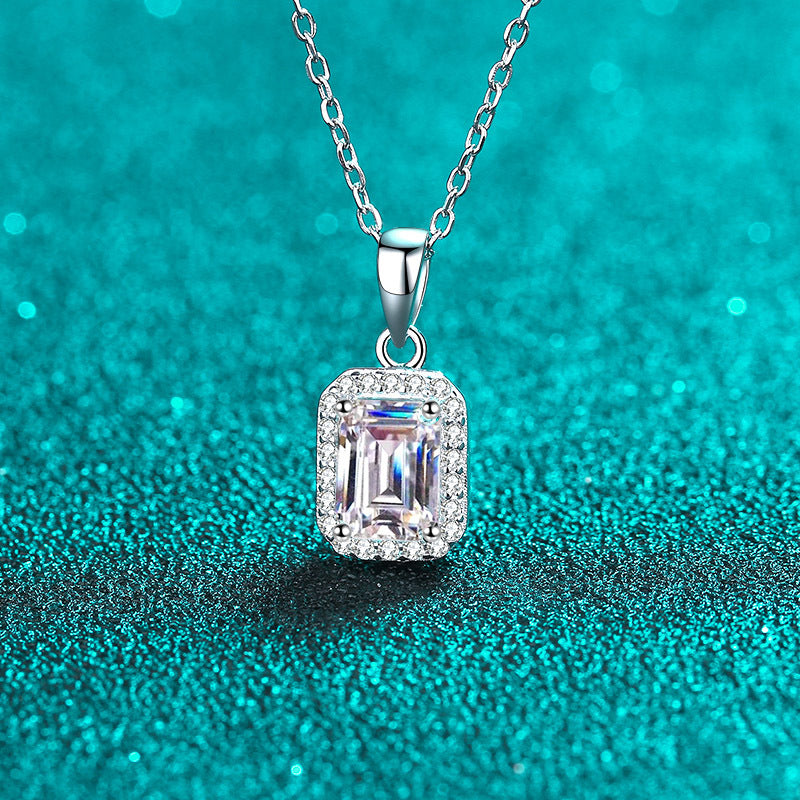 925 Sterling Silver PT950-Plated Necklace - 1CT Emerald/Radiant Cut Moissanite Collarbone Chain