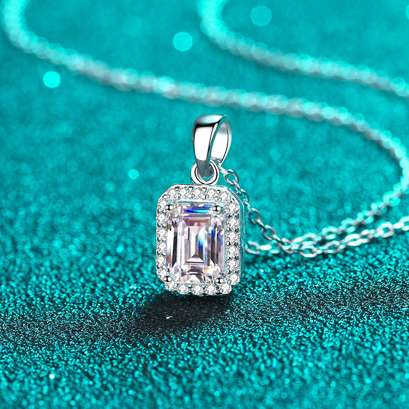 925 Sterling Silver PT950-Plated Necklace - 1CT Emerald/Radiant Cut Moissanite Collarbone Chain