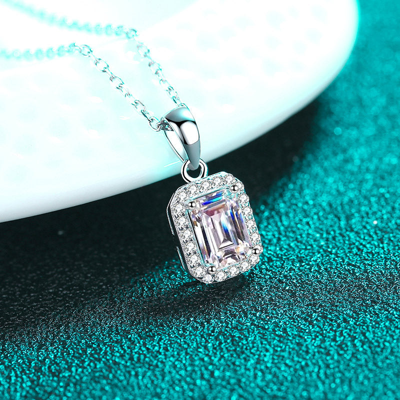 925 Sterling Silver PT950-Plated Necklace - 1CT Emerald/Radiant Cut Moissanite Collarbone Chain
