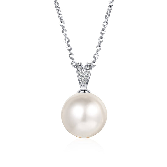 925 Sterling Silver PT950 -Plated Necklace - 4.5-Point Moissanite & 10-11mm Flawless Freshwater Pearl Minimalist Choker