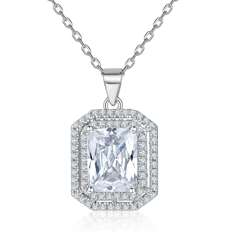 925 Sterling Silver Rectangle Zircon Pendant Necklace - Modern Square Cut Collarbone Chain