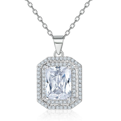 925 Sterling Silver Rectangle Zircon Pendant Necklace - Modern Square Cut Collarbone Chain