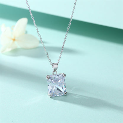 925 Sterling Silver Rectangular Zircon Pendant Necklace - Minimalist Birthstone Collarbone Chain