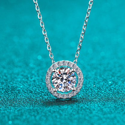 925 Sterling Silver Round Halo Pendant Necklace - Minimalist Moissanite Choker for Women