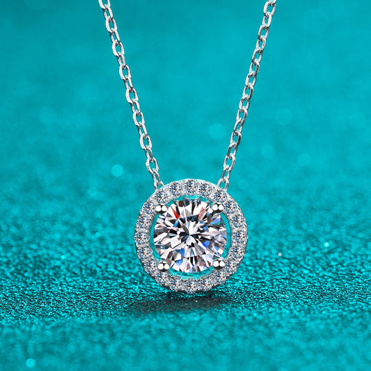 925 Sterling Silver Round Halo Pendant Necklace - Minimalist Moissanite Choker for Women
