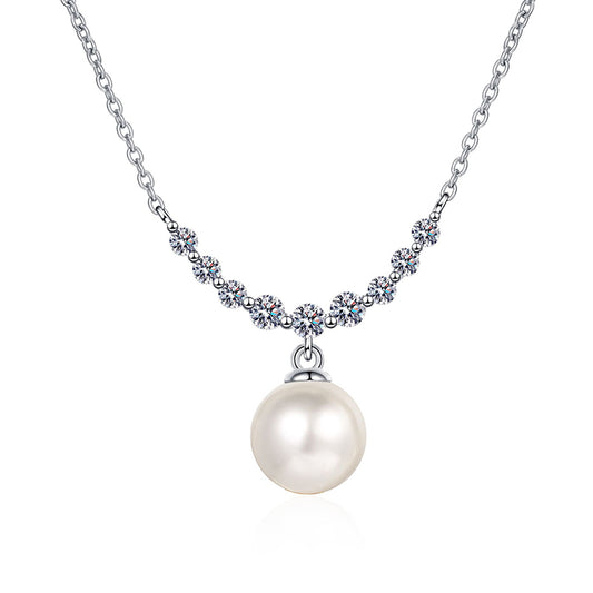 925 Sterling Silver Smiley Face Pendant Necklace - 0.36CT Moissanite & 8mm Freshwater Pearl Chain