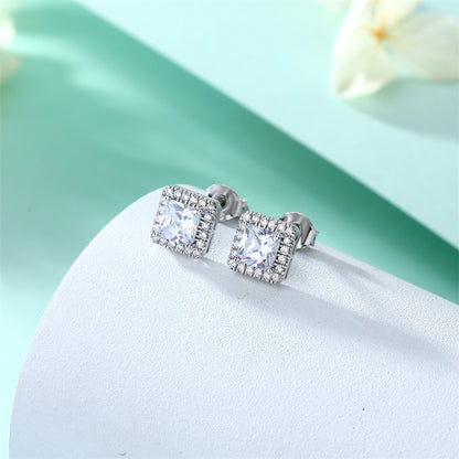 925 Sterling Silver Square Zircon Stud Earrings – Modern Geometric Minimalist Design