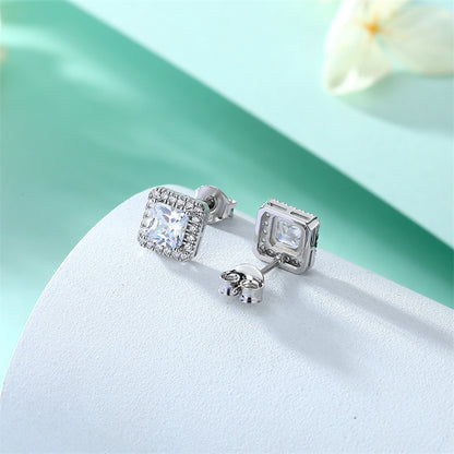 925 Sterling Silver Square Zircon Stud Earrings – Modern Geometric Minimalist Design