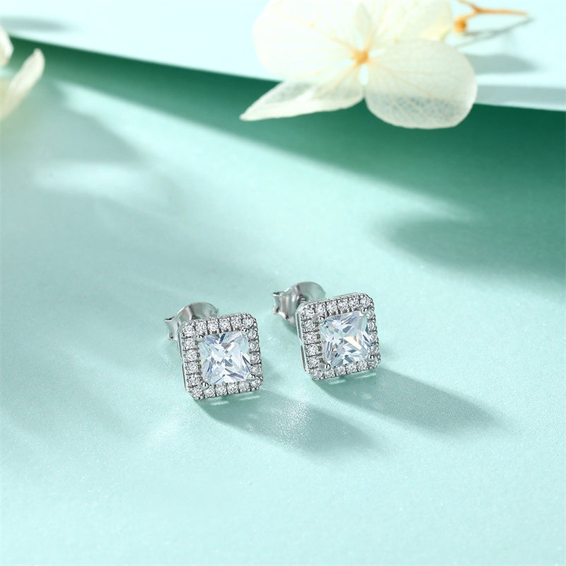 925 Sterling Silver Square Zircon Stud Earrings – Modern Geometric Minimalist Design