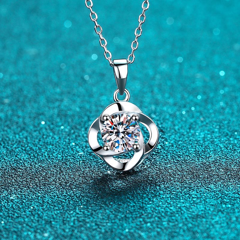 925 Sterling Silver Twisted Four-Prong Pendant Necklace - 1CT Moissanite Sporty-Chic Chain