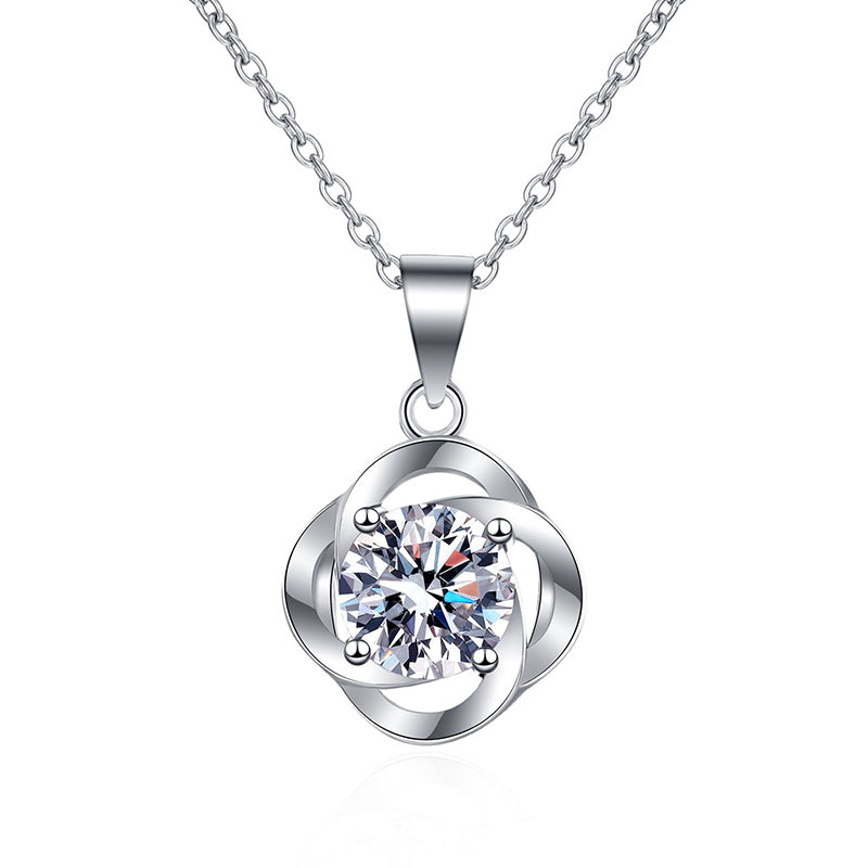 925 Sterling Silver Twisted Four-Prong Pendant Necklace - 1CT Moissanite Sporty-Chic Chain