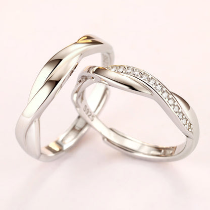 925 Sterling Silver Wave Couple Rings - Romantic Adjustable Matching Set with Zircon Accents