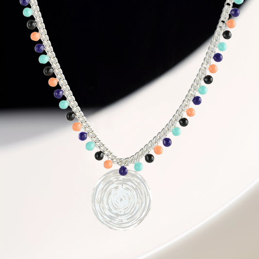 Silver Tone Geometric Round Pendant Chopin Necklace