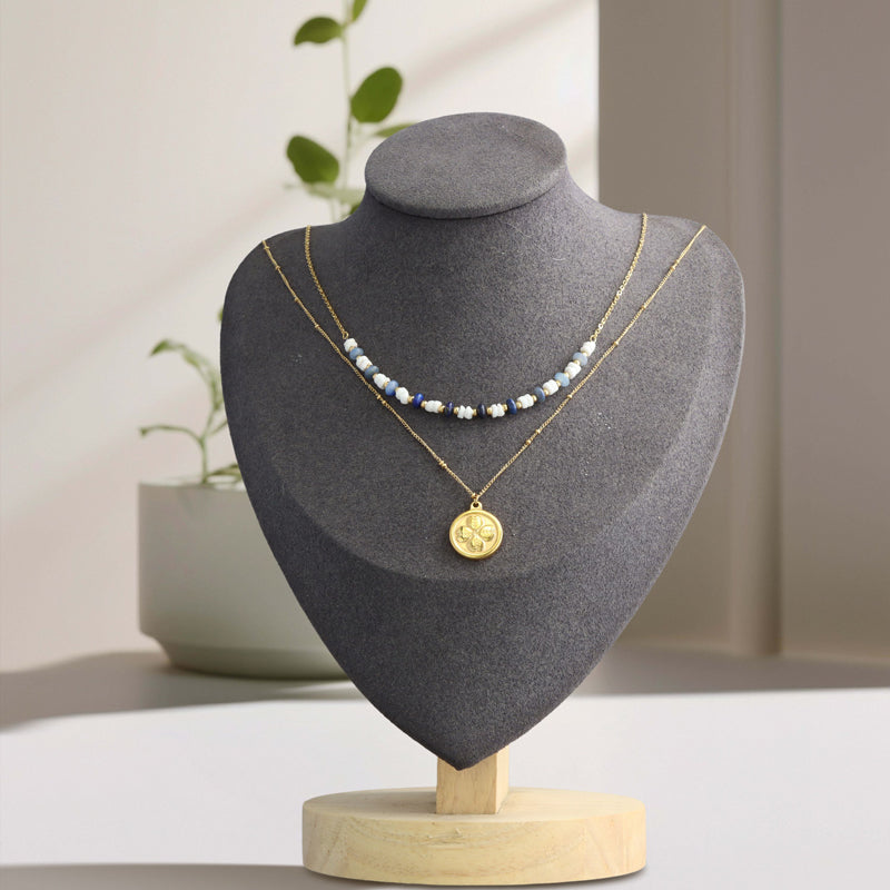 Gold stainless steel shell O-shaped double-layer necklace whit four-leaf clover pendant