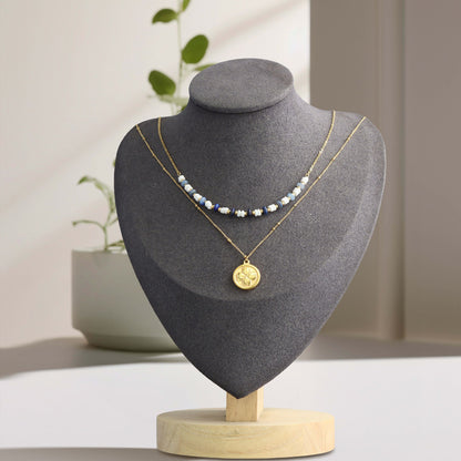 Gold stainless steel shell O-shaped double-layer necklace whit four-leaf clover pendant