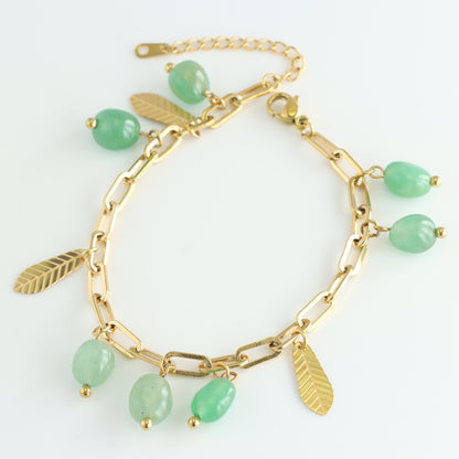 Green Stone Bracelet with Leaf Pendant