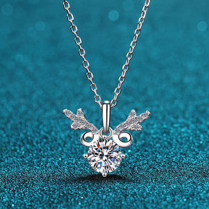 Abyss S925 Sterling Silver PT950-Plated Deer Pendant Necklace - 1CT/2CT Moissanite "Deer Love" Chain