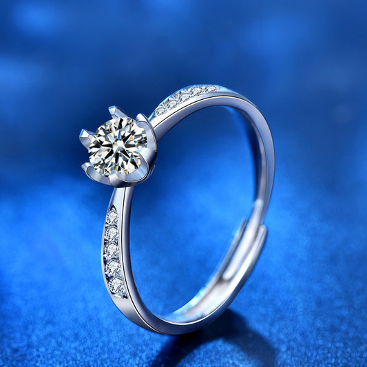 Adjustable Crown Design 925 Silver Ring with 0.5ct Moissanite & Pavé Heavy 0.05um Rhodium Plated Women's Jewelry