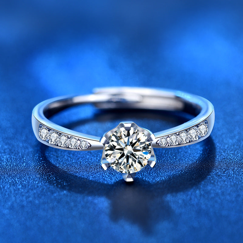 Adjustable Crown Design 925 Silver Ring with 0.5ct Moissanite & Pavé Heavy 0.05um Rhodium Plated Women's Jewelry