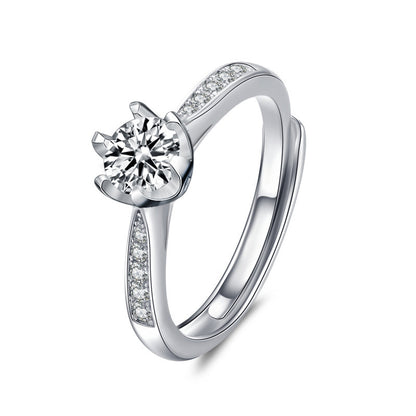 Adjustable Crown Design 925 Silver Ring with 0.5ct Moissanite & Pavé Heavy 0.05um Rhodium Plated Women's Jewelry