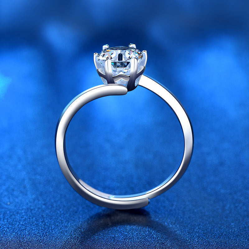 Adjustable Crown Design 925 Silver Ring with 1ct Moissanite Polished Rhodium Plated Women's Jewelry