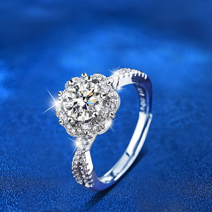 Adjustable Diamond Cut 925 Silver Ring with 1ct Moissanite Rhodium Plated Floral Women's Jewelry