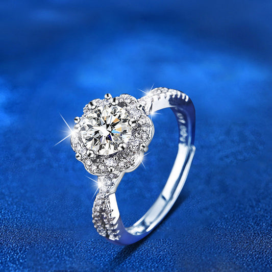 Adjustable Diamond Cut 925 Silver Ring with 1ct Moissanite Rhodium Plated Floral Women's Jewelry