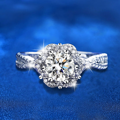 Adjustable Diamond Cut 925 Silver Ring with 1ct Moissanite Rhodium Plated Floral Women's Jewelry