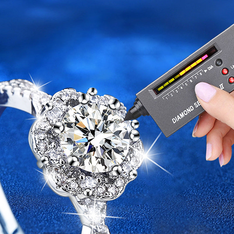 Adjustable Diamond Cut 925 Silver Ring with 1ct Moissanite Rhodium Plated Floral Women's Jewelry