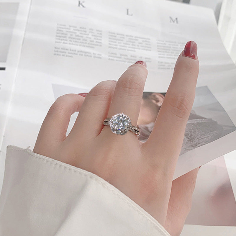 Adjustable Diamond Cut 925 Silver Ring with 1ct Moissanite Rhodium Plated Floral Women's Jewelry